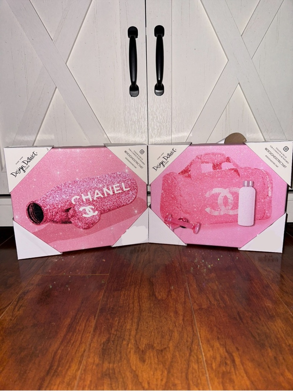 Design District CHANEL Pink Glitter Travel Set with Duffle and Bottle Wall Art